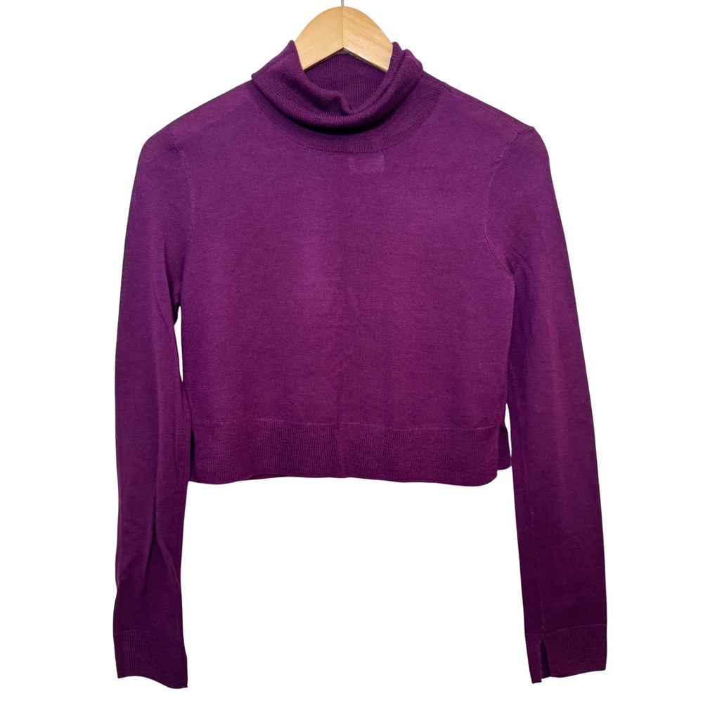 New BCBGMAXAZRIA Cropped Turtleneck XXS Purple Merino Wool Long Sleeve Layer